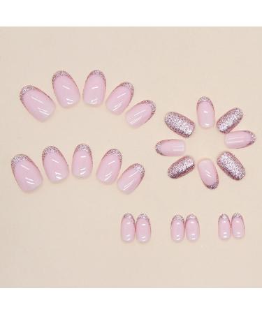 24 Pieces Short Almond Artificial Nails - French Pink Glossy Acrylic Press-On for Women & Girls - 12 Sizes for Party & DIY - Buy Online on GoSupps.com