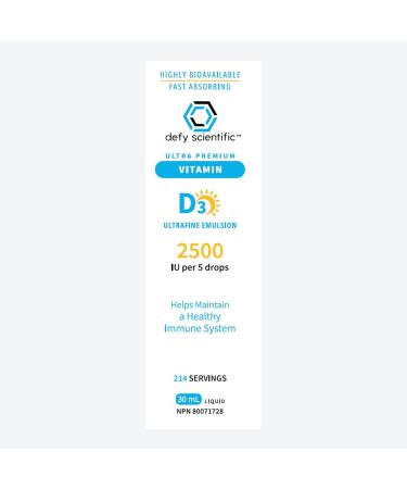 Defy Scientific Ultrafine Emulsion Vitamin D3 2500 IU Liquid (30 mL) Ultra Premium - For Maintenance of Healthy Immune System Bones and Teeth - Gluten and Dairy Free - Buy Online on GoSupps.com