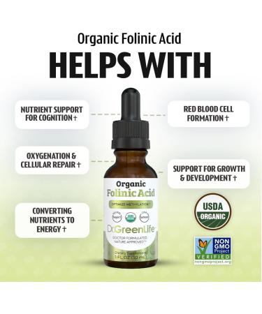 Dr. Green Life USDA Organic Folinic Acid Drops - 500 mcg per Drop | Methylation Support B9 Supplements for Kids & Adults | Supports Neurological Function, Nervous System Health & DNA Synthesis - Buy Online on GoSupps.com