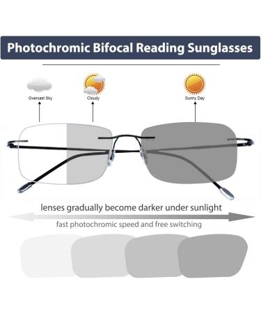 Photochromic Bifocal Reading Glasses | Blue Light Blocking Rimless Sunglasses for Men & Women - Black-Silver 1.0x - Buy Online on GoSupps.com