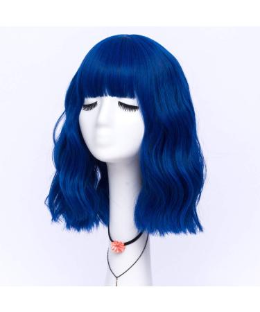 LABEAUT Royal Blue Short Bob Wavy Wig with Air Bangs - 14inch | Heat Resistant Shoulder Length Curled Wig for Women - Ideal for Daily Wear, Cosplay, and Theme Parties - Buy Online on GoSupps.com