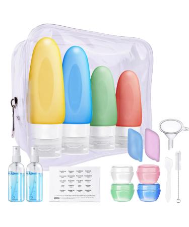 KIKOMO 17 PCS Silicone Travel Bottles Set, TSA Approved Leak Proof Squeezable Travel Accessories, Travel Size Containers with Tag for Toiletries Shampoo Conditioner Green+Blue+Red+White1