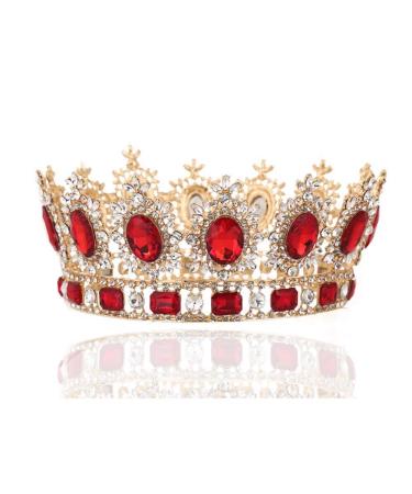 Earofcorn Bride King Size Crown Pageant Crowns Princess Tiara Retro Round Full Crown Bride Hair Accessories (Red)
