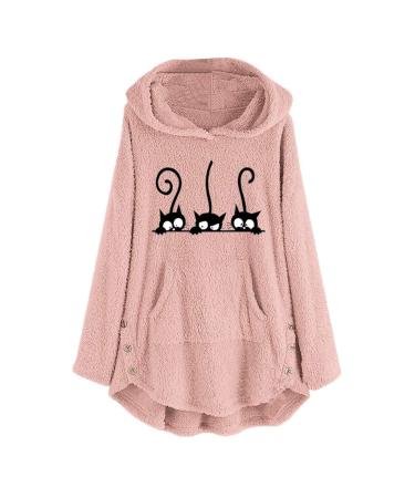 Forthery Fuzzy Hoodies Sweater Women Baggy Cat Jumper Pullover Tops Pullover Jumper Sweatshirts Jackets Coats Large Pink