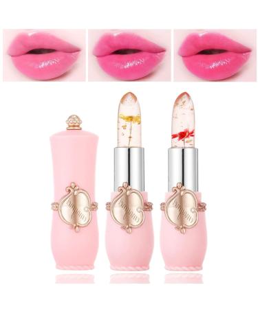 CAHIUYOA 2PCS Crystal Flower Lipstick Color Changing Lipstick Magic Lipstick Jelly Clear Lipstick Long Lasting Nutritious Moisturizer Temperature Lip Stain Lipstick Pink