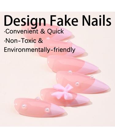 24Pcs Cute Pink French Press On Nails - Almond Shape Bow & Pearl Design - Luxury False Nails for Women - Full Cover Acrylic Manicure Accessories - Buy Online on GoSupps.com