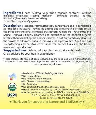 TRIPHALA Capsules (USDA Certified Organic) - 108 Vcaps (Pack of 3) - with Free Gift Samples and Expedited Delivery - Buy Online on GoSupps.com