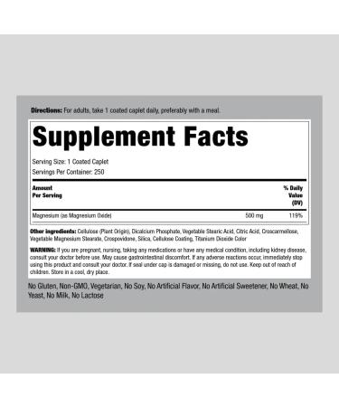 Magnesium Oxide 500mg | 250 Caplets | Vegetarian Non-GMO Gluten Free Supplement - Buy Online on GoSupps.com
