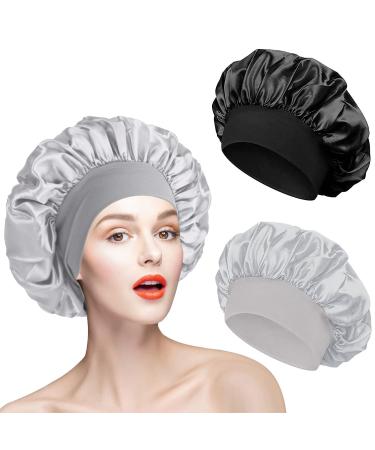 AliLeader Hair Bonnet for Sleeping 2Pcs Silk Hair Wrap for Sleeping Soft Satin Bonnet Sleep Cap for Curly Hair Elastic Band Bonnet for Curly Hair Silk Bonnet for Sleeping (Black+Silver) - Buy Online on GoSupps.com