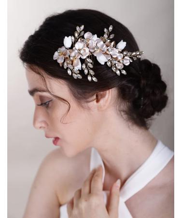 Chargances Wedding Gold Crystal Flower Hair Comb for Women Bridal Rhinesrone Hair Side Comb Fashion Flower Hair Vine Comb Rhinesotne Bride Wedding Prom Flower Girl Hair Accessories (Gold)