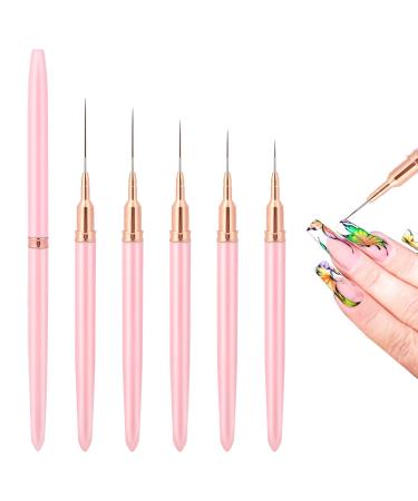 Nail Art Liner Brushes 5Pcs 4/8/12/20/25mm Painting Nail Art Brush Set Nail Dotting Drawing Tool Nail Art Design Brush Detail Brush for Long Lines Thin Details Fine Drawing Pink