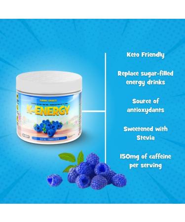 Yummy Sports K-Energy Drink Supplement Boost Energy Enhance Focus Physical Performance Powered by BHB MCT Caffeine Keto-Friendly Energy Drink - 30 Servings - 210g - Blue Raspberry - Buy Online on GoSupps.com
