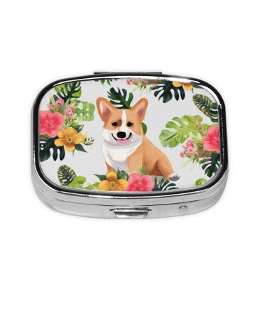 Tropical Flower and Corgi Printing 2 Compartment Small Pill Case Cute Small Pill Box Purse Pill Boxs Travel Pill Organizer for Pocket Purse and Travel Gifts