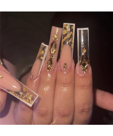 24Pcs Coffin White and Green Tower Diamond False Nails Rhinestone Ballerina Fake Nails Full Cover Nail Tips Press On Nails Green white