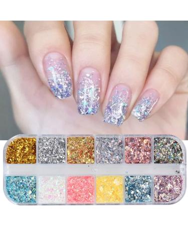 12 Grid Nail Art Foil Flakes & Glitter - Holographic Gold Silver Confetti for DIY Decoration - Buy Online on GoSupps.com