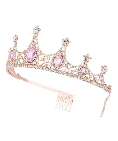 Vofler Rose Gold Tiara Crown with Pink Crystal - Vintage Rhinestone Headband for Women - Ideal for Bride, Prom, Wedding, Pageant - Rose Gold/Pink - Buy Online on GoSupps.com