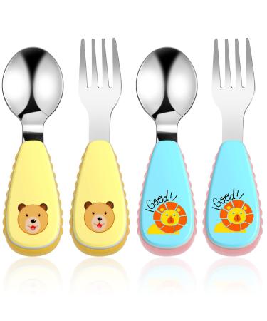 RosewineC 4 Pcs Toddler Fork and Spoon Set Stainless Steel Baby Utensils Cutlery Set Kids Cutlery Toddler Utensils Spoons Forks Self Feeding Learning Spoons for Babies Toddlers Kids(Yellow & Blue)