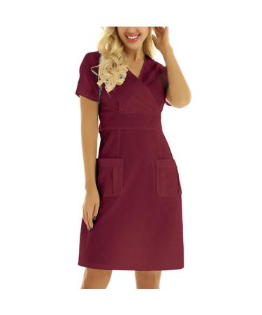 Scrub_Dress for Women Short Sleeve V-neck Mock Wrap Dress Solid Color Working Uniform Dress Two Pocket by Chaofanjiancai XX-Large Red