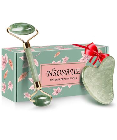 Natural Jade Roller for Face - Face Roller Gua Sha Scrapping - Aging Wrinkles,Puffiness Facial Skin Massager - Premium Authentic Jade Stone (Green)