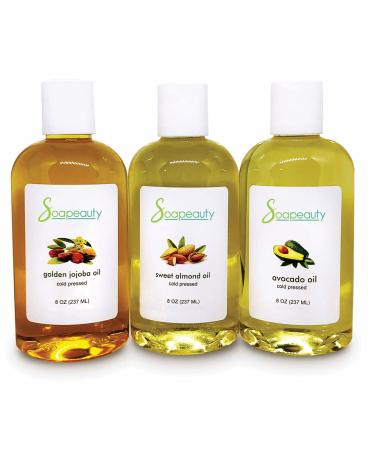 Sweet Almond Oil | Golden Jojoba Oil | Avocado Oil | Pack of 3 | Organic Cold Pressed Unrefined | Carrier for Essential Oils, Moisturizer for Skin, Face & Hair, Soap Making | Sizes are 8OZ