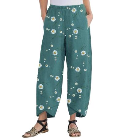 YOUMETO Women's Green Linen Cotton Cropped Pants - XXL | High Waist Casual Summer Capris - Buy Online on GoSupps.com
