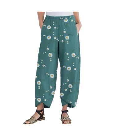 YOUMETO Cropped Casual Women Casual Summer Capris Loose Long Wide Leg Cropped Pants High Waist High Rise Linen Cotton Green XX-Large