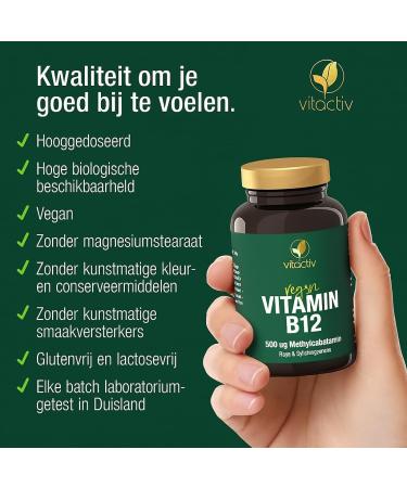 Vitactiv Natural Nutrition Vitactiv Vitamin B12 Tablets High Dose 180 Pieces for 180 Days Bioactive Methylcobalamin Vitamin B12 500 g High Bioavailability Vegan no Magnesium Stearate Laboratory tested in 180 pieces 1 piece - Buy Online on GoSupps.com