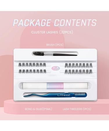 LANKIZ DIY Eyelash Extension Kit - 32pcs Wide-stem Cluster Lashes | Super Hold Mascara Brush | Bond and Seal Eyelash Glue | Applicator | Faux Mink Individual Lashes - Starter Kit - Buy Online on GoSupps.com