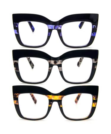 Women's Oversized Reading Glass 3 Pack Blue Light Filtering Retro Glasses Square Big Frame Eyewear 3pc-stripe 2.5 x