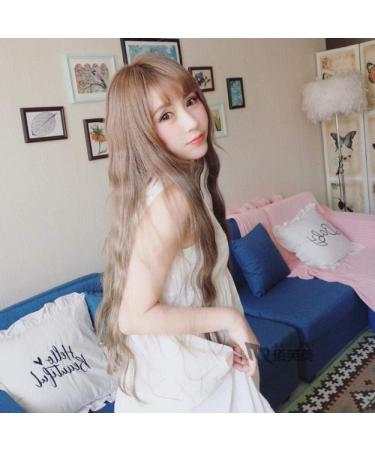 Spot Korea Women s long curly hair thin bangs corn hot top hair wig headgearGrandma ash light pink