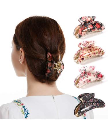 Hair Claw Clips Set for Women Girls Medium Tortoise Shell Double Grip Teeth Clamps Strong Jaw Cute Floral Print Nonslip Acrylic Banana Design Thick / Thin Hair Hold Clutches Accessories 3.5 Twinfree - 4 Pack