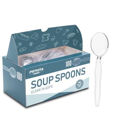 PSTVITA Plastic Soup Spoons, Heavyweight Clear Cutlery, Disposable Utensils for Party Supply, Pack of 100
