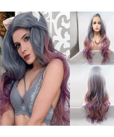 Xiweiya Ombre Purple to pink Long Wavy Wig Mermaid Synthetic Lace Front Wigs Body Wave Side Part Long Soft Mix Color Wig Mermaid Heat Resistant Fiber Hair Replacement Wig for Women Makeup 24 Inch