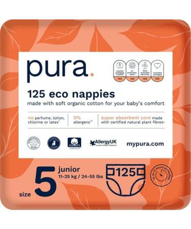 Pura eco-diapers size 5 (junior 11-25 kg) 125 diapers (5 x 25 p Pack) monthly box certified with EU Ecolabel for sensitive skin made of organic cotton odorless 12 hours of outlet protection size 5 (125 diapers)))