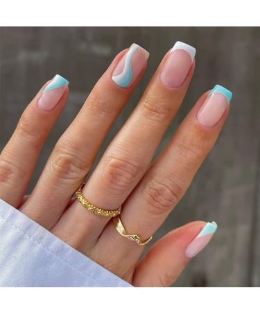 24 Pcs Press on Nails Short Length French Full Cover Nails with Lines Wave Design Reusable for Women and Girls Daily Decoration 03