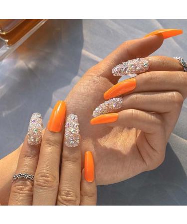 Sethexy Sparkle Long Ballerina False Nails - Shiny Bling Coffin Acrylic Press-On Nail Tips (24 pcs Orange) for Women & Girls - International Shipping - Buy Online on GoSupps.com