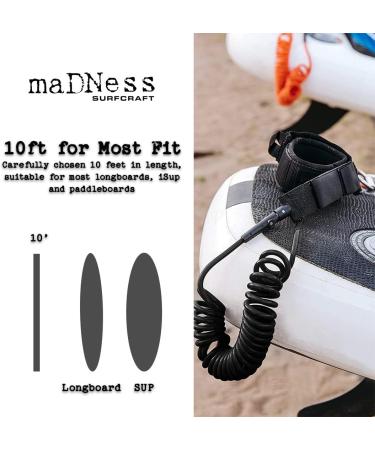 Madness Surfcraft Premium Coil SUP Leash - 10ft Coiled Paddle Board Leash | 7mm Thick Legrope Strap | For Stand-up Paddleboard, Longboard, iSUP | Improve Your Surfing with eBook - Buy Online on GoSupps.com