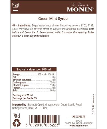 MONIN Premium Green Mint Syrup 700ml for Cocktails and Mocktails - Vegan-Friendly & Allergen-Free - Buy Online on GoSupps.com