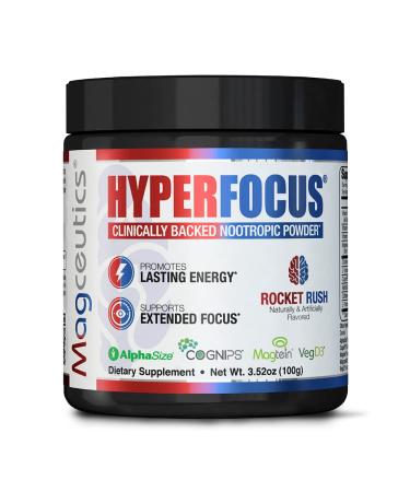 Magceutics Hyperfocus Energy Nootropic Powder - Magtein Magnesium L-Threonate Powder Focus Supplement Boost Memory & Cognitive Function Great for Studying or Gaming - 3.52 Oz (Rocket Rush)