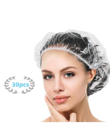 YIZIJIZI 30PCS Disposable Shower Caps, Large Thick Clear Waterproof Shower Cap for Women, large Size 20.5", Home Use, Spa, Hotel and Hair Salon, Clear Shower Caps for Travel White
