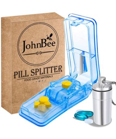 JohnBee Pill Cutter | Best Pill Cutter for Small or Large Pills | Designed in The USA| Cuts Vitamins | Includes Keychain Pill Holder (Blue)