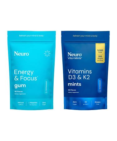 Neuro Energy & Immunity Set Energy & Focus Gum (Peppermint 90 Count) + Vita-Mint D3+K2 Mints (Peppermint 90 Pieces) Sugar Free Nootropic Chews for Focus Bone Strength & Mood Support