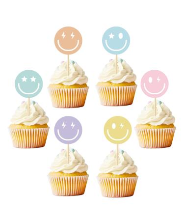 Whaline 36Pcs Preppy Smile Face Cupcake Toppers 6 Designs Paper Cake Decor Cute Cupcake Picks for Y2K Bachelorette Birthday Party Supplies Photo Booth Props
