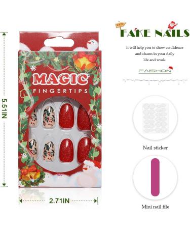 Vatocu Christmas False Nails Short Red Press on Nails - Snowflake Elk Snowman Design (24pcs) | Acrylic Stick on Nails for Women and Girls - Buy Online on GoSupps.com