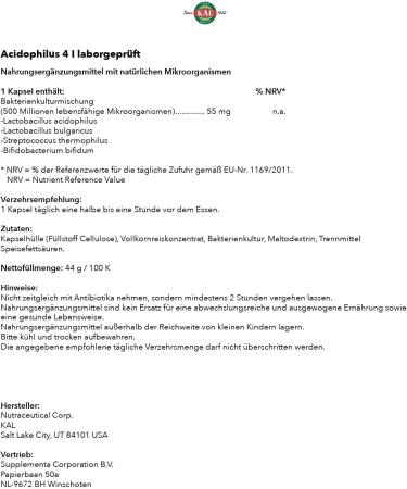 KAL Acidophilus ProBiotic-4 500 Million CFUs Four Probiotic Strains Probiotics for Women and Men Freeze Dried L. acidophilus L. bulgaricus S. thermophilus B. bifidum 100 Servings 100 VegCaps - Buy Online on GoSupps.com