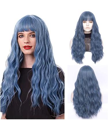 FVCENT 27 inch long curly women girls charming synthetic wig with bangs (Blue)