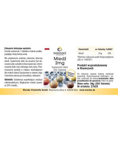 Cuivre 2mg - 250 comprim s de 2mg chacun - Bisglycinate de cuivre - HAUTE DOSE - Qualit pharmaceutique allemande - Vegan | Warnke Vitalstoffe - Buy Online on GoSupps.com
