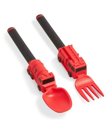 Dinneractive Utensil Set for Kids Red Firefighter Themed Fork and Spoon for Toddlers and Young Children 2-Piece Set Fire Fighter Red