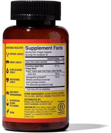 Bragg Daily Balance Apple Cider Vinegar and Sensoril Ashwagandha Capsules - 750mg of Acetic Acid Energy & Weight Management Support - (90 Pills) - Buy Online on GoSupps.com