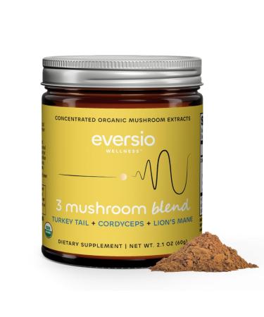 Eversio Wellness 3 Mushroom Blend - Awaken Blend 60 Servings (60g) Mushroom Powder Blend for Mushroom Coffee or Smoothies - Lions Mane Turkey Tail and Cordyceps - 32% Beta-D-Glucans!